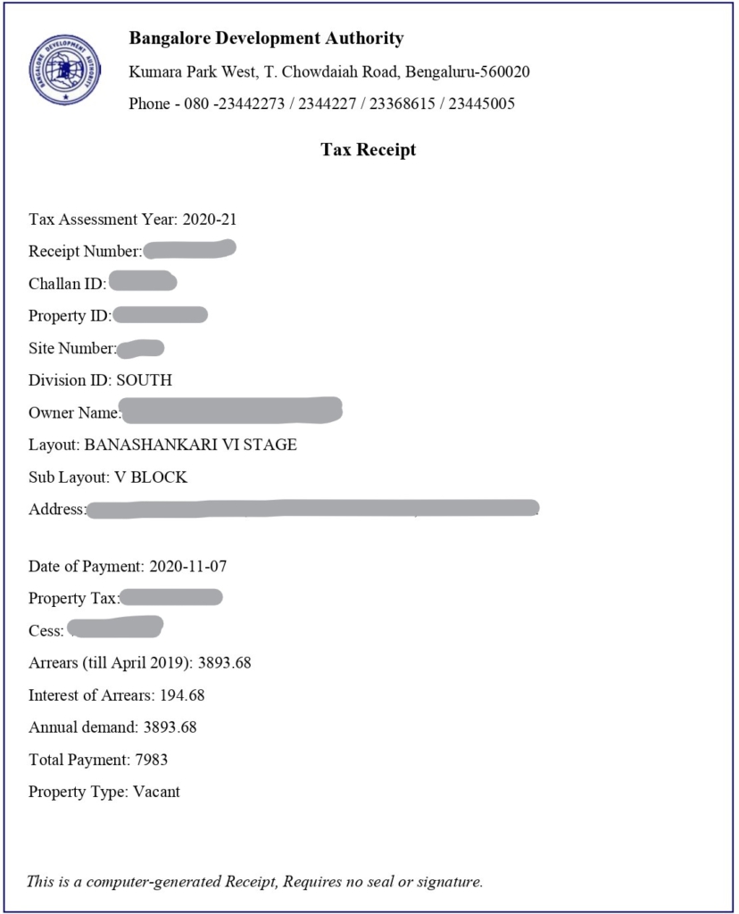 BDA Tax paid receipt